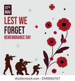 Honoring Remembrance Day post. November 11 Tribute to Veterans and Fallen Heroes. Celebrating Courage. Sacrifice, Patriotism, Memorial Symbols, Military Pride, social media poster, vector