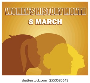 Honoring Women History Month with diverse female silhouettes in warm hues. Celebrates empowerment, diversity, and recognition on 8 March. Flat vector modern illustration 