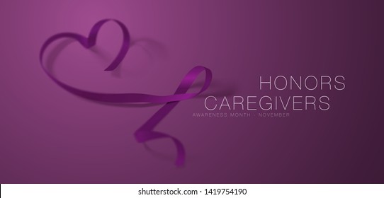 Honors Caregivers. National Family Caregivers Month. Calligraphy Poster Design. A Plum Ribbon brings awareness to Cancer Caregivers. November is Caregiver Awareness Month. Vector Illustration