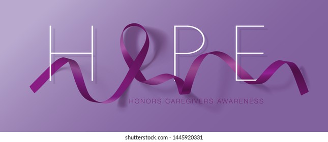 Honors Caregivers. National Family Caregivers Month. Calligraphy Poster Design. A Plum Ribbon Brings Awareness To Cancer Caregivers. November Is Caregiver Awareness Month. Vector