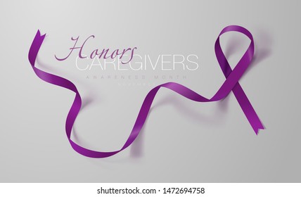 Honors Caregivers. National Family Caregivers Month. Calligraphy Poster Design. A Plum Ribbon brings awareness to Cancer Caregivers. November is Caregiver Awareness Month. Vector