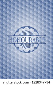 Honourable blue emblem or badge with abstract geometric pattern background.