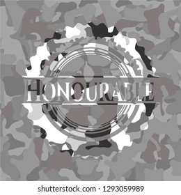 Honourable written on a grey camouflage texture