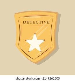 Honoured golden badged of detective. Stared metallic shiny badge of investigator.