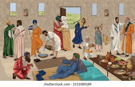 Honoured guests being greeted as they enter a Pharisees house to eat - as woman sneaks in with alabaster jar of perfume.  Biblical image depicting Luke 7:36-50  