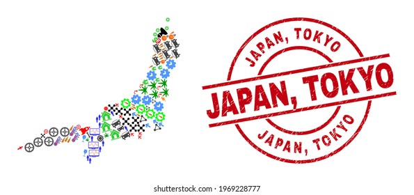 Honshu Island map collage and textured Japan, Tokyo red circle seal. Japan, Tokyo seal uses vector lines and arcs. Honshu Island map collage contains helmets, homes, lamps, suns, stars,