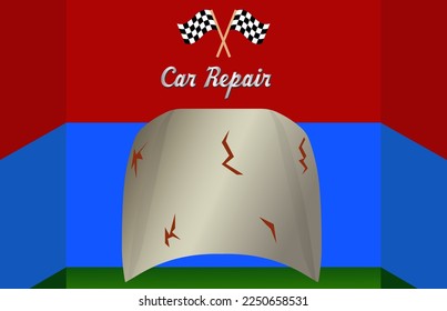 the hood from the car with rust is in the workshop and at the top the inscription "car repair"