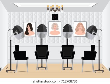 Secador de pelo en salón de belleza con el estilo del afiche en el interior del salón, ilustración vectorial de la peluquería.