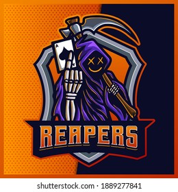 Hood Jack Reaper glow color esport and sport mascot logo design with modern illustration concept for jersey and t-shirt printing. Ace of Spades illustration on isolated background. Premium Vector