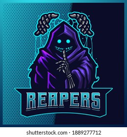 Hood Puppet Reaper glow blue color esport and sport mascot logo design with modern illustration concept for team, jersey and t-shirt printing. Grim illustration on isolated background. Premium Vector