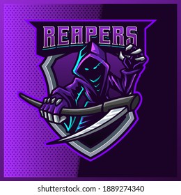 Hood Reaper glow blue color esport and sport mascot logo design with modern illustration concept for team, badge, emblem and t-shirt printing. Evil illustration on isolated background. Premium Vector