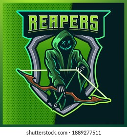 Hood Reaper glow Green color esport and sport mascot logo design with modern illustration concept for team, jersey and t-shirt printing. Archer illustration on isolated background. Premium Vector