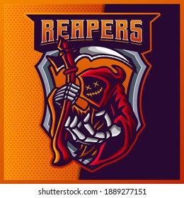 Hood Reaper glow red color esport and sport mascot logo design with modern illustration concept for team, badge, jersey and t-shirt printing. Grim illustration on isolated background. Premium Vector