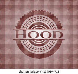 Hood red seamless emblem or badge with abstract geometric pattern background.