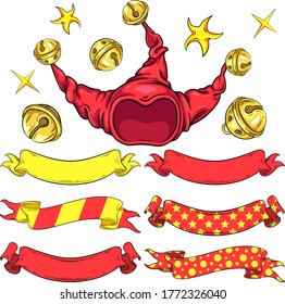 Fool’s hood with ribbons and small details vector illustration set. For your Halloween, costume party and other fairytale designs, prints, posters, covers, package, stickers, cards, invitations.