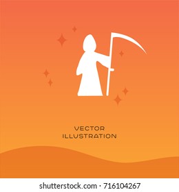 Hood and scythe vector silhouette icon on gradient background. Halloween autumn flat illustration