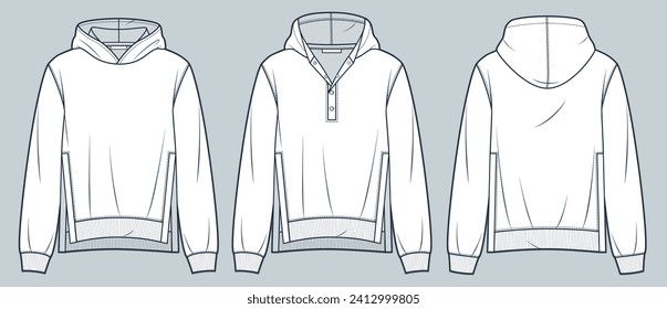 Hood Sweatshirt technische Modegrafik. Slit Hoodie Mode flach technische Zeichnung Vorlage, Seitenschlitz, Knopfverschluss, entspannte Passform, Front-, Back View, Weiß, Frauen, Männer, unisex CAD Mock up Set.