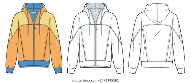 Hood Sweatshirt technical fashion illustration. Zipped Jacket fashion technical drawing template, raglan sleeve, pocket, relaxed fit, front, back view, white, peach, women, men, unisex CAD mockup set 