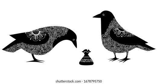 Hoodded Crows wih a candy isolated on a white background. Vector illustration of stylized grey crows. Black and white.