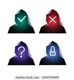 Hooded avatars, protected and hacked with a tick and a cross. Hacked, unknown, blocked. Isolated vector illustration