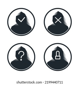 Hooded avatars, protected and hacked with a tick and a cross. Hacked, unknown, blocked. Isolated vector illustration