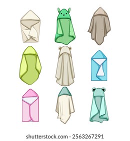 hooded baby towel set cartoon. absorbent cotton, bath newborn, cozy warm hooded baby towel sign. isolated symbol vector illustration