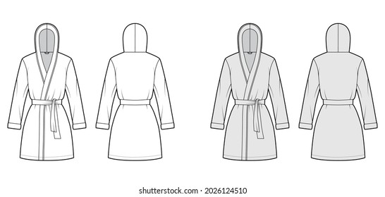 Hooded Bathrobe Dressing technische Mode Illustration mit Wrap Öffnung, Mini-Länge, überdimensioniert, Krawatte, lange Ärmel. Vorder leeres Kleidungsstück, hinten, weißer grauer Stil. Frauen, unisex-CAD-Modell