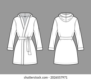 Hooded Bathrobe Dressing gown technical fashion illustration with wrap opening, mini length, oversized, tie, long sleeves. Flat garment front, back, white color style. Women, men, unisex CAD mockup