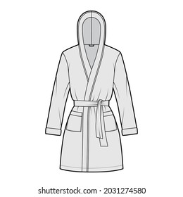 Hooded Bathrobe Dressing gown technical fashion illustration with wrap opening, mini length, oversized, tie, pocket, long sleeves. Flat garment front, grey color style. Women, men, unisex CAD mockup