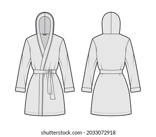 Hooded Bathrobe Dressing Gown Technical Fashion Illustration With Wrap Opening, Mini Length, Oversized, Tie, Long Sleeves. Flat Garment Front, Back, Grey Color Style. Women, Men, Unisex CAD Mockup
