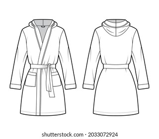 Hooded Bathrobe Dressing technische Mode Illustration mit Wrap Öffnung, Mini-Länge, überdimensioniert, Krawatte, Tasche, lange Ärmel. Vorder Flachkleidung, hinten, weißer Farbstil. Frauen, Männer, CAD-Modell