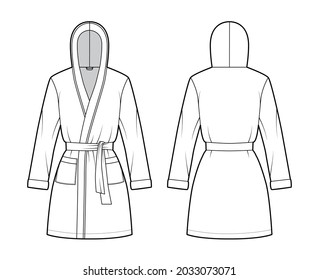 Ilustración técnica de moda con vestido de adoquín con abrigo de envoltura, mini longitud, sobretamaño, corbata, bolsillo, mangas largas. Delantera de ropa plana, espalda, color blanco. Mujeres, hombres, maquillaje de CAD unisex