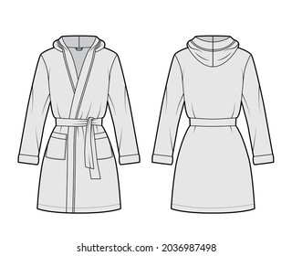 Hooded Bathrobe Dressing gown technical fashion illustration with wrap opening, mini length, oversized, tie, pocket, long sleeves. Flat garment front, back, grey color style. Women, men, unisex mockup