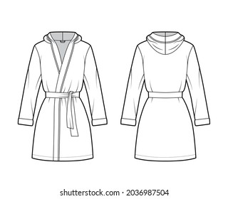 Hooded Bathrobe Dressing gown technical fashion illustration with wrap opening, mini length, oversized, tie, long sleeves. Flat garment front, back, white color style. Women, men, unisex CAD mockup