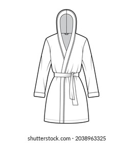 Hooded Bathrobe Dressing gown technical fashion illustration with wrap opening, mini length, oversized, tie, long sleeves. Flat garment front, white color style. Women, men, unisex CAD mockup