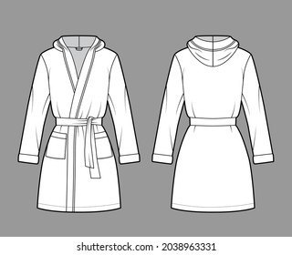 Hooded Bathrobe Dressing gown technical fashion illustration with wrap opening, mini length, oversized, tie, pocket, long sleeves. Flat garment front, back, white color. Women, men, unisex CAD mockup