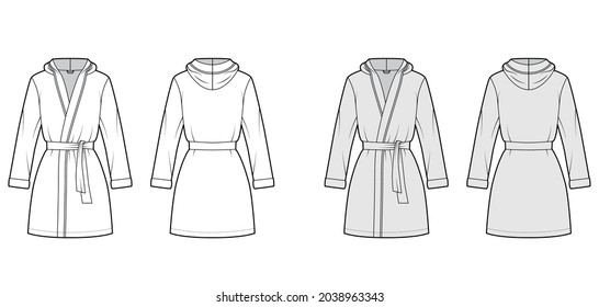 Hooded Bathrobe Dressing gown technical fashion illustration with wrap opening, mini length, oversized, tie, long sleeves. Flat garment front, back, white grey color style. Women, men, unisex mockup
