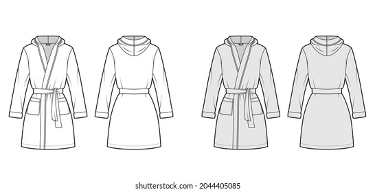 Hooded Bathrobe Dressing technische Mode Illustration mit Wrap Öffnung, Mini-Länge, Krawatte, Tasche, langen Ärmeln. Vorder leeres Kleidungsstück, hinten, weißer grauer Stil. Frauen, Männer, unisex CAD-Modell nach oben
