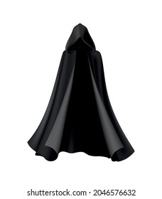 Hooded black cloak robe for halloween realistic vector illustration