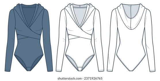 Hooded Bodysuit technical fashion illustration. Long Sleeve Bodysuit fashion flat technical drawing template, front and back view, white, blue, women, men, unisex active wear CAD mockup set.