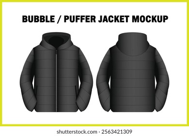 hooded bubble puffer shinny jacket 2d vector line art flat sketch mockup