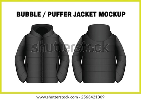 hooded bubble puffer shinny jacket 2d vector line art flat sketch mockup