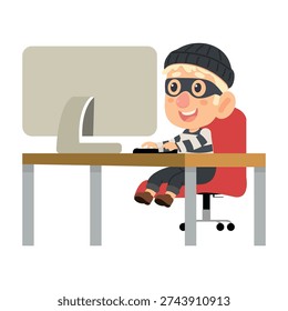 hooded character working on desktop device representing cybersecurity threat data breach and online intrusion