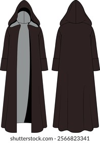 Hooded Coat with Cuffed Sleeves and Gray-Taupe Lining – Front and Back View Technical Fashion Illustration