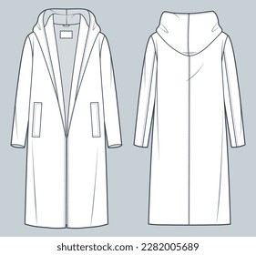 Hooded Coat technical fashion Illustration. Oversize Coat, Outerwear fashion flat technical drawing template, midi, long sleeve, pockets, front and back view, white, women, men, unisex CAD mockup.