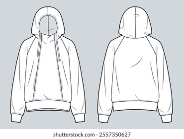 Hooded Collar Sweatshirt technical fashion illustration. Hoodie fashion flat technical drawing template, raglan sleeve, pockets, oversize, front and back view, white, women, men, unisex Top CAD mockup