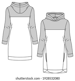 Hooded Color Block Girls Fleece Dress fashion flat sketch template. Technical Fashion Illustration. Women Long Sweatshirt with Slit Pockets at front