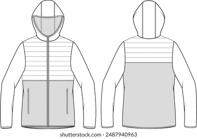 Hooded Combo Nylon Puffer Jacket Parka Design Vector Template Front and Back Views	