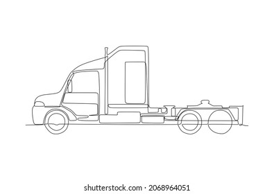 Hooded container truck head simple illustration, side view. Continuous one line drawing