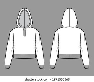 Hooded cropped Sweater technical fashion illustration with rib henley neck, long sleeves, relax fit, waist length, trim. Flat jumper apparel front, back, white color style. Women men unisex CAD mockup